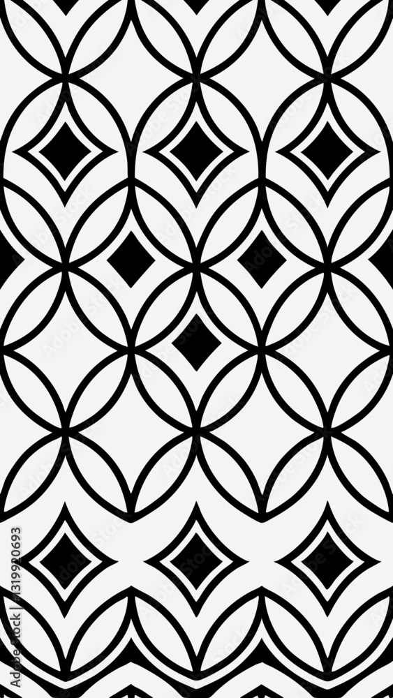 Poster black and white seamless pattern with an intricate geometric design, featuring circles and diamonds 