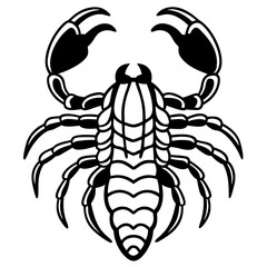 a striking black and white scorpion design. The scorpion is depicted with its pincers raised and its tail curled, vector illustration