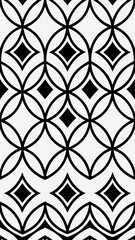 black and white seamless pattern with an intricate geometric design, featuring circles and diamonds arranged in a repeating format, vector illustration