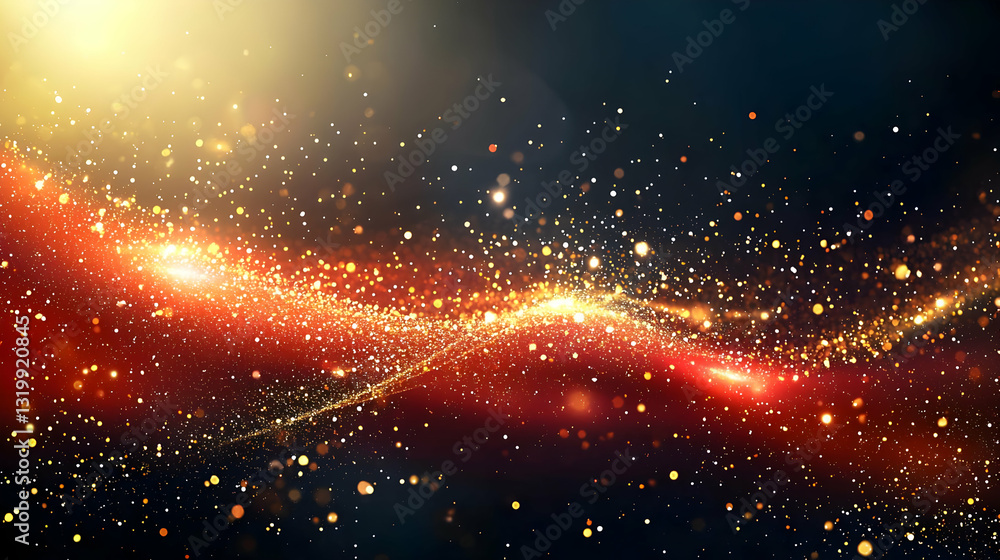 Poster abstract golden spark particles flowing against dark background with lens flare and bokeh effect