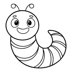 a cheerful cartoon caterpillar with big eyes, antennae, and a friendly smile, a black and white line art vector illustration