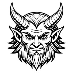 Obraz premium a detailed, monochrome vector illustration of a demonic face with horns, an angry expression, and a beard