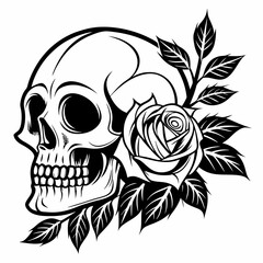 a detailed black and white vector illustration of a skull adorned with a rose. The artwork features intricate lines and shading, creating a striking contrast and symbolic representation