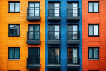 Fototapeta premium Modern apartment building with orange, blue brick facade and dark windows. Illustrates urban architecture, real estate, and modern design.