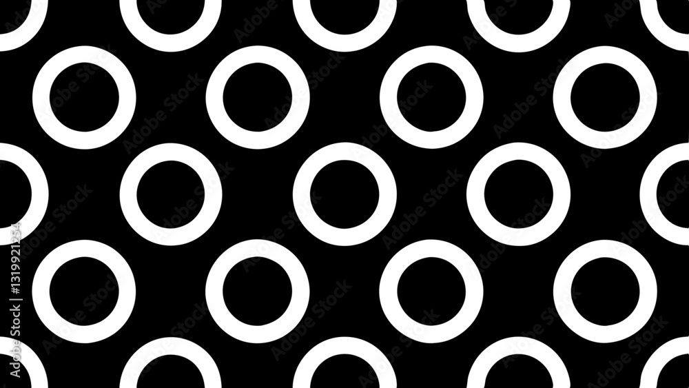 Poster a repeating pattern of white rings on a black background, creating a simple yet striking visual, vec