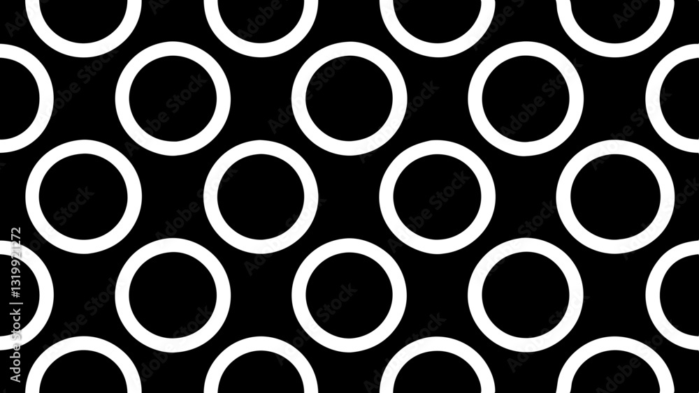 Poster a repeating pattern of white rings on a black background, creating a simple yet striking visual, vec