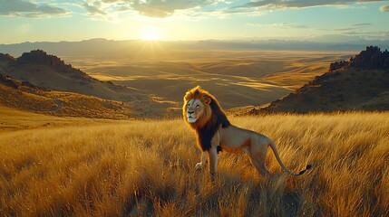 Majestic Lion at Sunset in African Savanna