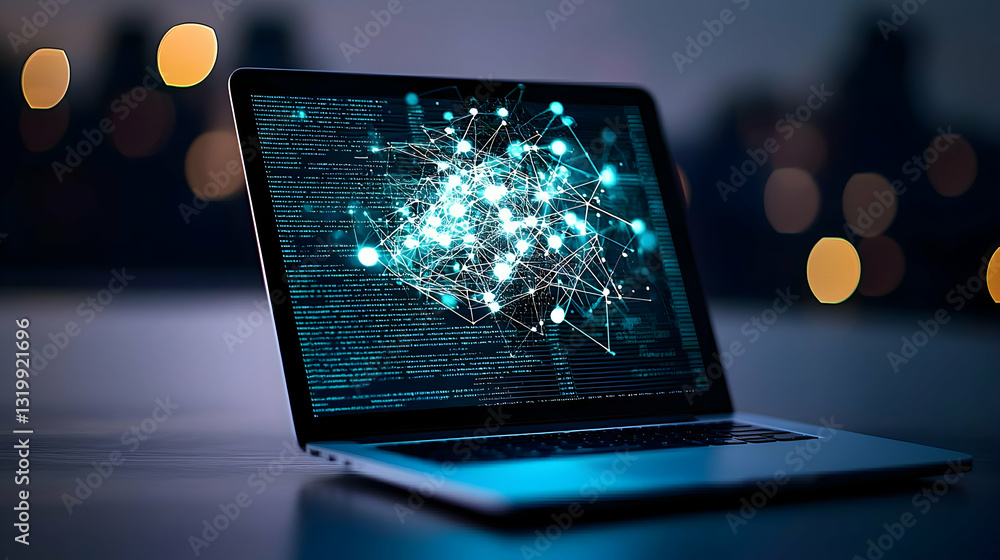 Poster open laptop displaying code and data visualizations with a blurred city lights background at night