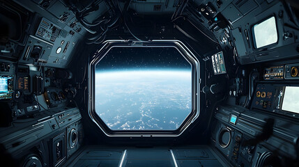 Fototapeta premium Spacecraft Interior With Earth View From Window Featuring Advanced Technology And Control Panels During Space Exploration Mission