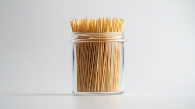 Wooden toothpicks in a clear glass jar