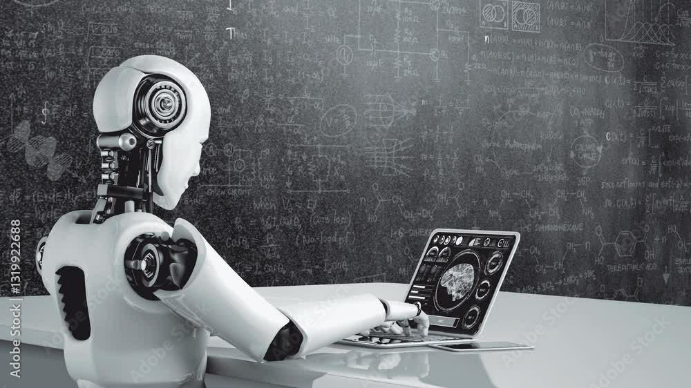 Poster robot hominoid use laptop and sit at table for engineering science studying using ai thinking brain 