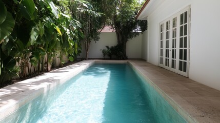 Poolside Serenity: An inviting outdoor swimming pool, surrounded by lush greenery and a modern architectural design, beckons with promises of relaxation and refreshing leisure.