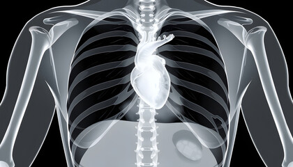 Radiographic View: Human Chest, Ribs, Heart, Clinical X-Ray, Diagnostic Setting , with white tonespng