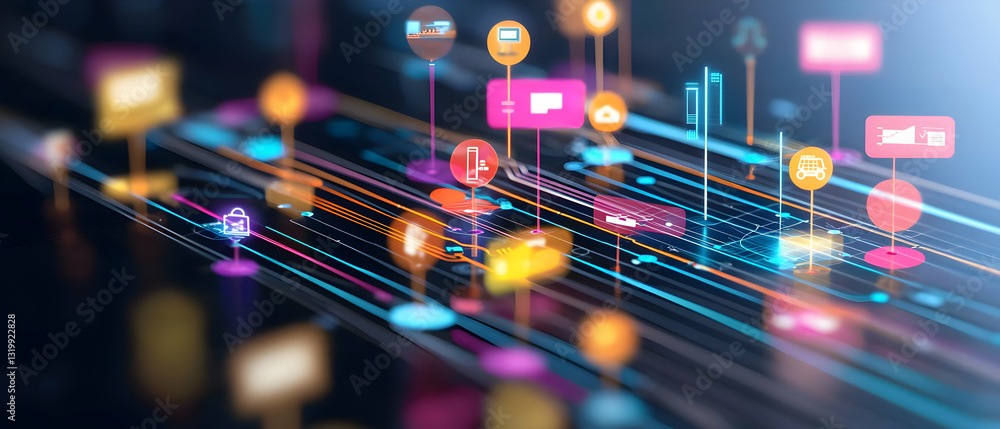 Poster abstract visualization of data flow in futuristic circuit board network with glowing vibrant colors 