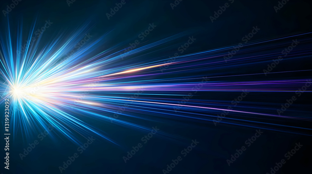 Poster abstract bright blue light rays bursting forward against dark backdrop creating dynamic motion effec