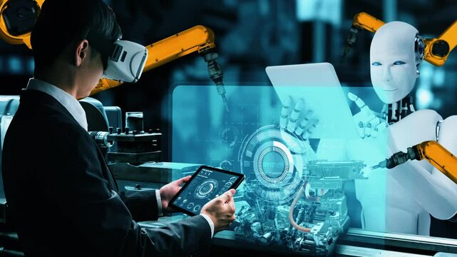 Cybernated industry robot and human worker working together in future factory . Concept of artificial intelligence for industrial revolution and automation manufacturing process .