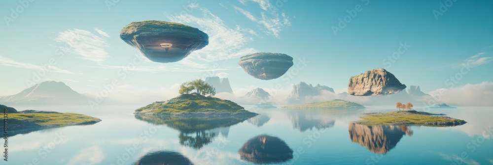 Poster Floating islands connected by portals create gateways to diverse virtual worlds in a tranquil metaverse landscape