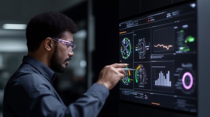 Professional Interacting with Holographic Business Analytics Dashboard Showing Data