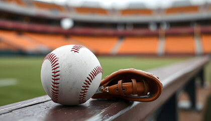 Baseball with glove on dugout bench with blurred background , with white tonespng