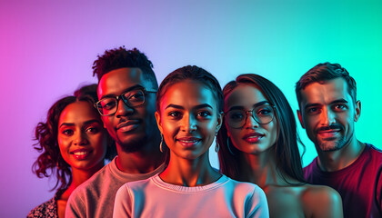 Cropped portraits of group of multiethnic people on multicolored background in neon light. Collage made of 6 models , with white tonespng