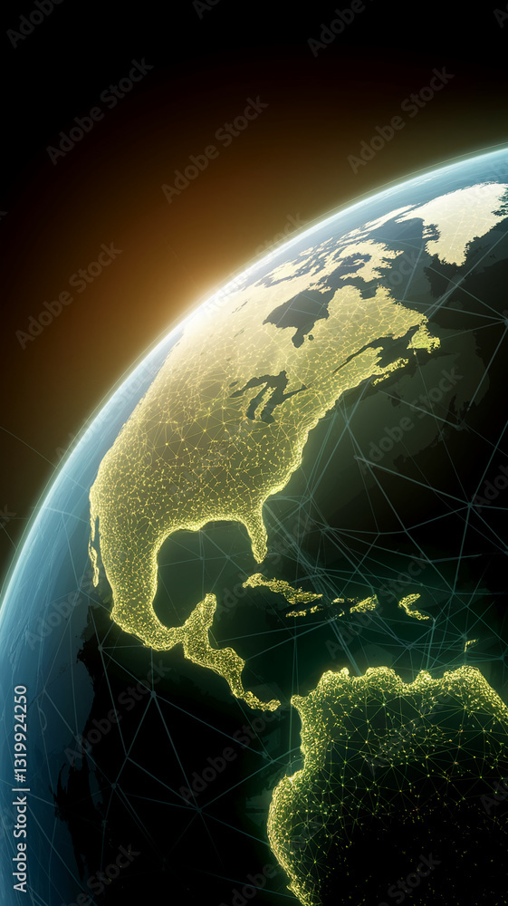 Poster global network connection, illuminated continents, dark background, showcasing global communication 