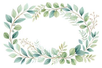 Watercolor wreath of delicate green leaves in the form of a frame on a transparent background.