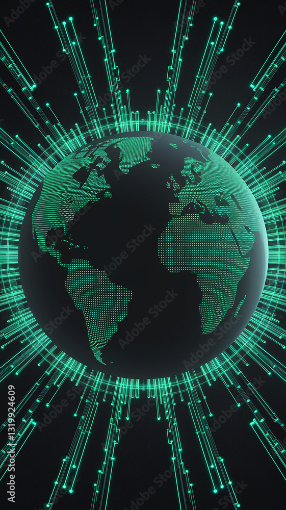 Poster Digital globe with green glowing lines, representing global connectivity and network, showcasing technological advancement and data flow