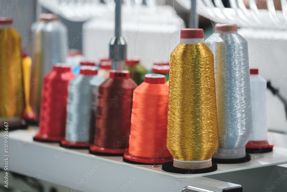 Aufkleber a row of colorful spools of thread are displayed on a table. the spools are of various colors and si