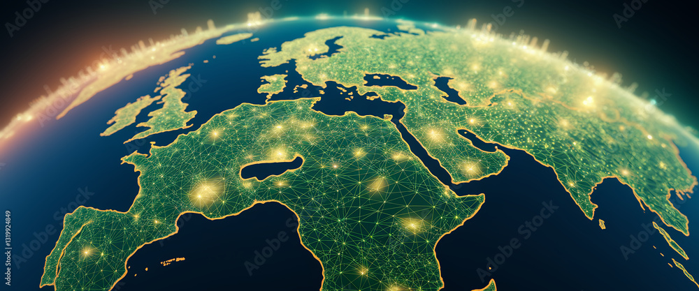 Poster stylized earth map showcasing interconnected network, glowing nodes representing global communicatio