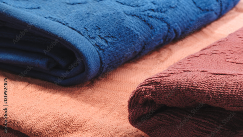 Poster three towels of different colors are stacked on top of each other. the blue towel is on the bottom, 