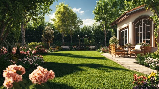 Sunny backyard oasis with landscaping and patio