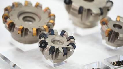 industrial milling metal cutting tool with carbide cutter insert in workshop. Drills with...