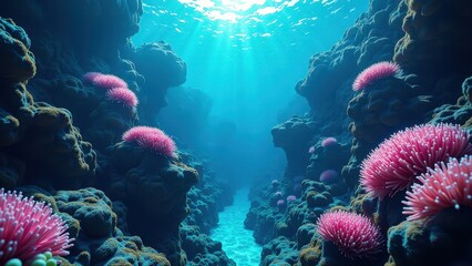 Naklejka premium Underwater view of a coral reef affected by coral bleaching 