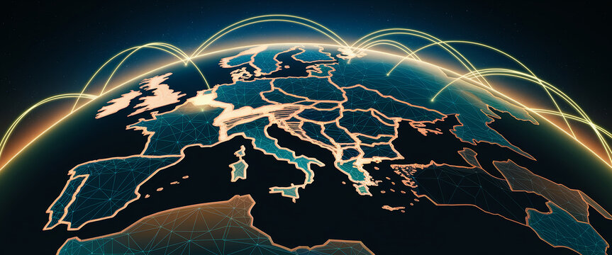 Stylized Earth map, Europe highlighted, glowing lines depict global connections, symbolizing networking, communication, and global reach