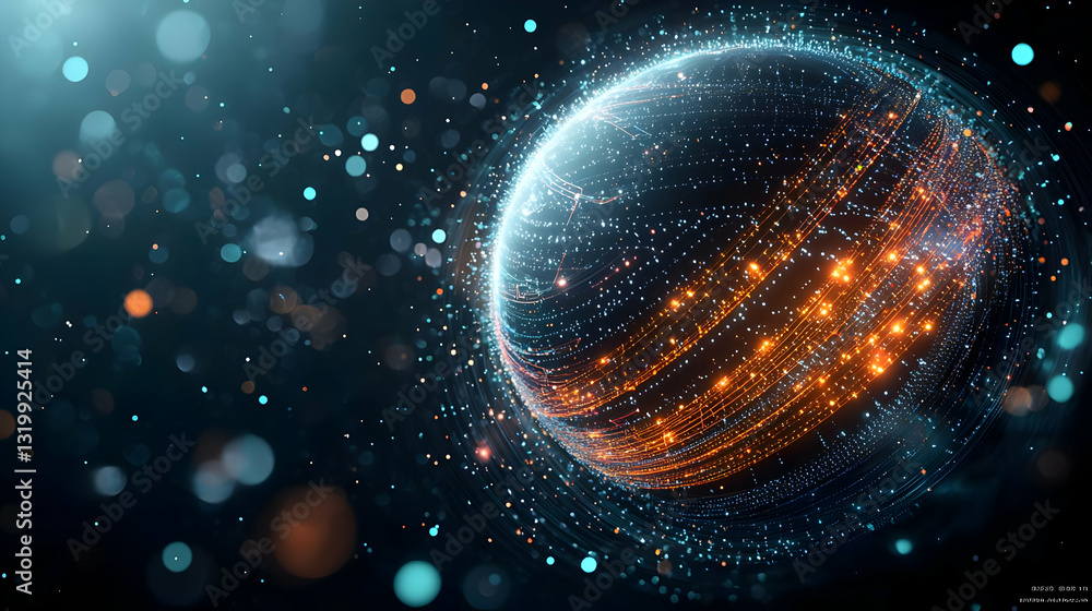 Poster a futuristic glowing blue and orange digital sphere with data streams on dark background with light 