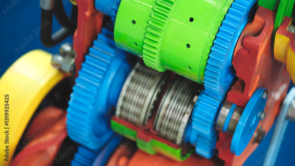 Poster A colorful machine with many gears and a yellow and blue part. The machine is made of plastic and has a mechanical look