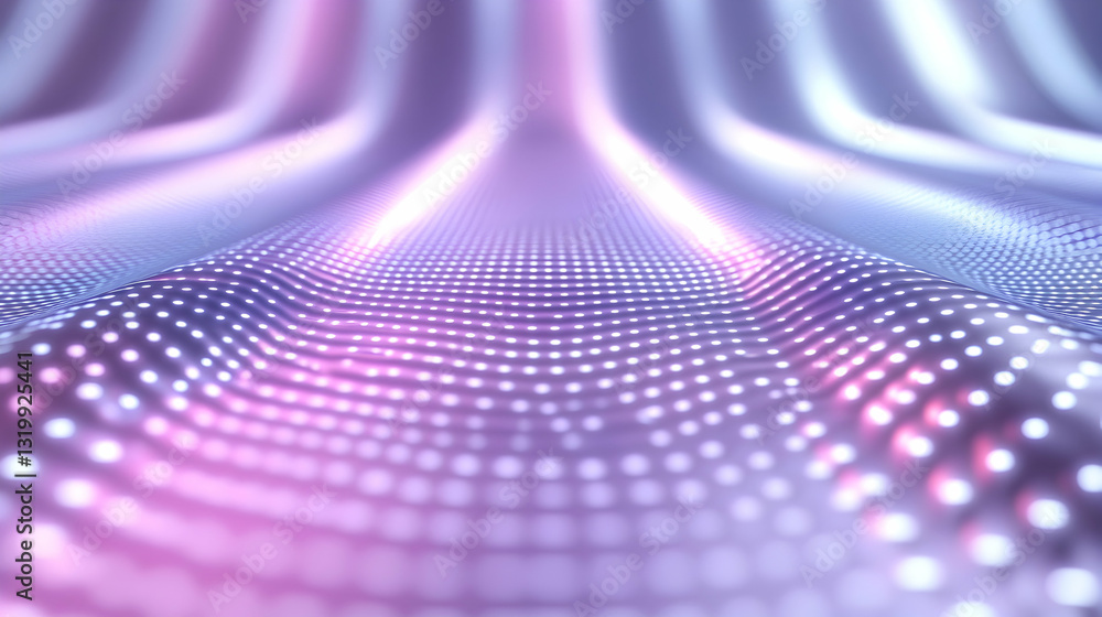 Poster a stunning abstract design featuring soft waves of light and vibrant dots in a gradient of purple an