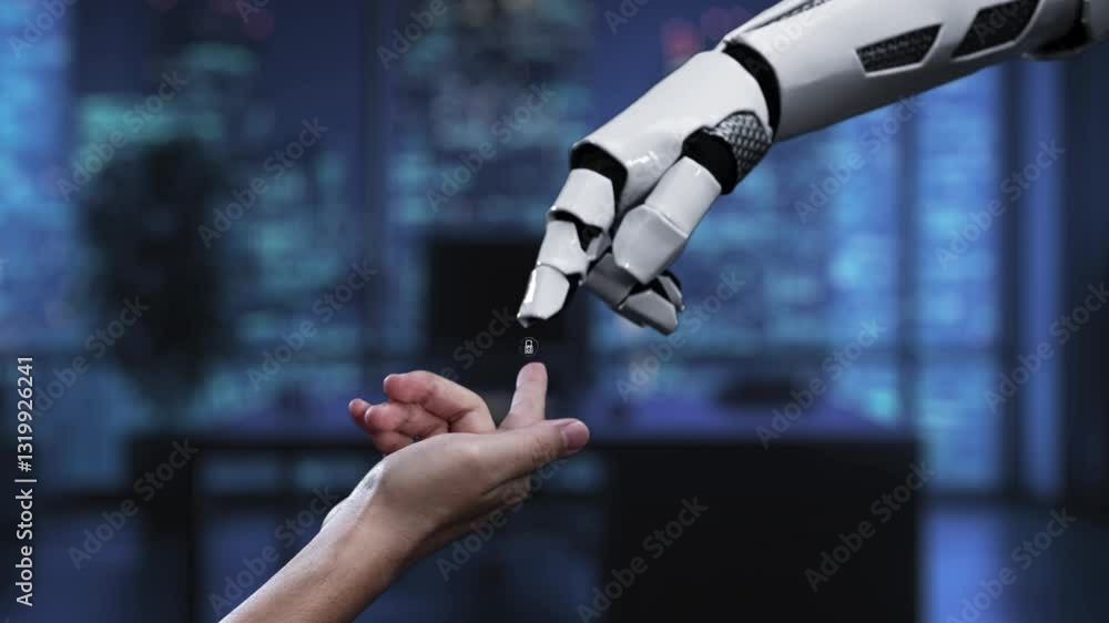 Poster depicting a robotic hand engaging with a digital lock symbol, this video illustrates the intersectio
