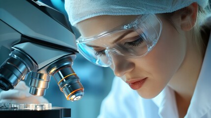 A focused female scientist wearing protective eyewear examines a specimen through a microscope in a lab setting, This image is ideal for educational content, scientific research articles