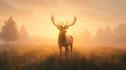 Majestic deer at sunrise in a misty forest