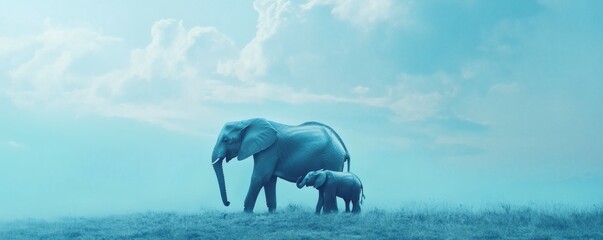 Obraz premium An elephant mother and calf walking on a grassy field together