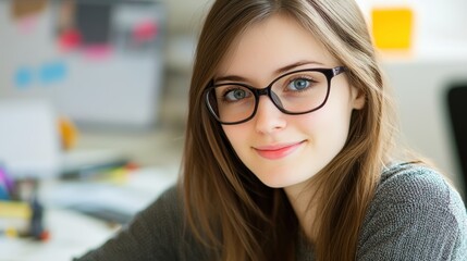 A young woman with glasses smiles warmly, sitting at a desk filled with colorful stationery and a lively workspace, This image is ideal for promoting education, creativity