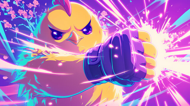 Fototapeta Colorful cartoon chicken character striking a dynamic pose with energy bursts and cherry blossoms
