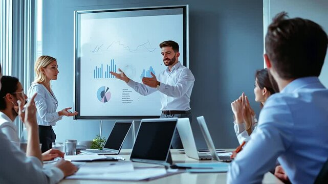 Dynamic business presentation showing company performance data to a diverse team