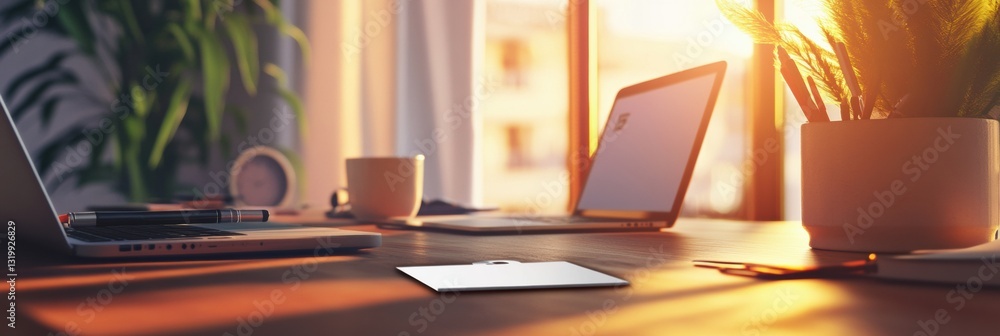 Poster clean work badge neatly placed on a wooden desk with office accessories and warm ambient light for a