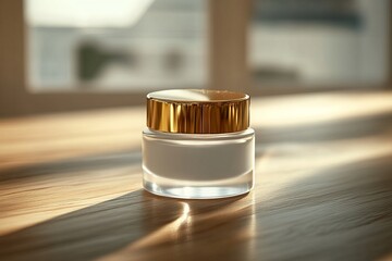 A small glass jar with a golden lid placed on a wooden surface, illuminated by soft natural light