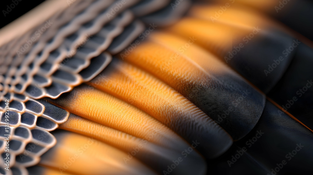 Poster close-up view of a vibrant feather showcasing intricate patterns and textures. the blend of light an