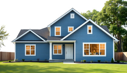 Front view of a brand new construction house with blue siding, a ranch style home with a yard , with white tonespng