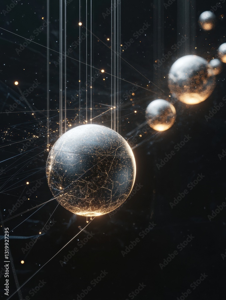 Poster Multiple interconnected spheres representing unique virtual worlds with light beams connecting them in a cosmic setting