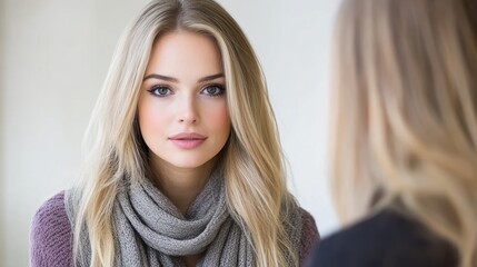 A young woman with long blonde hair and a scarf gazes directly into the camera, exuding a calm expression, This image can be used for beauty, fashion campaigns, or lifestyle articles,